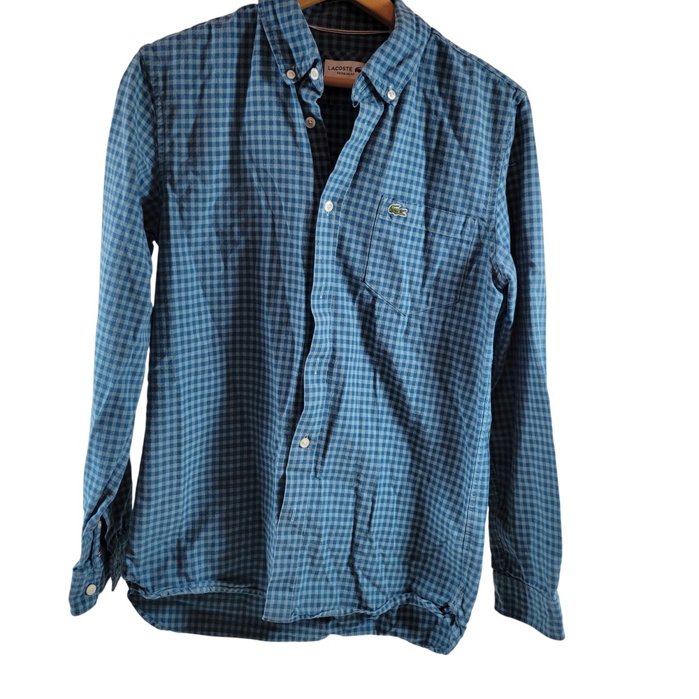 Lacoste Button Down Shirt Mens Small Blue Excellent Gingham Check Regular Fit